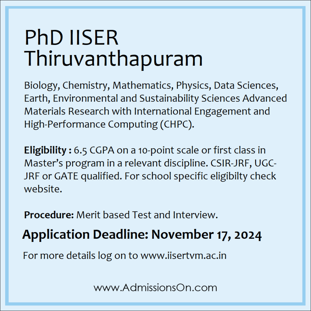 PhD IISER Thiruvananthapuram 2025 Programme