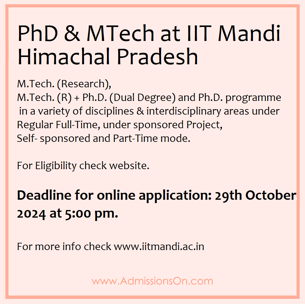 PhD and MTech at IIT Mandi - Admission Notice