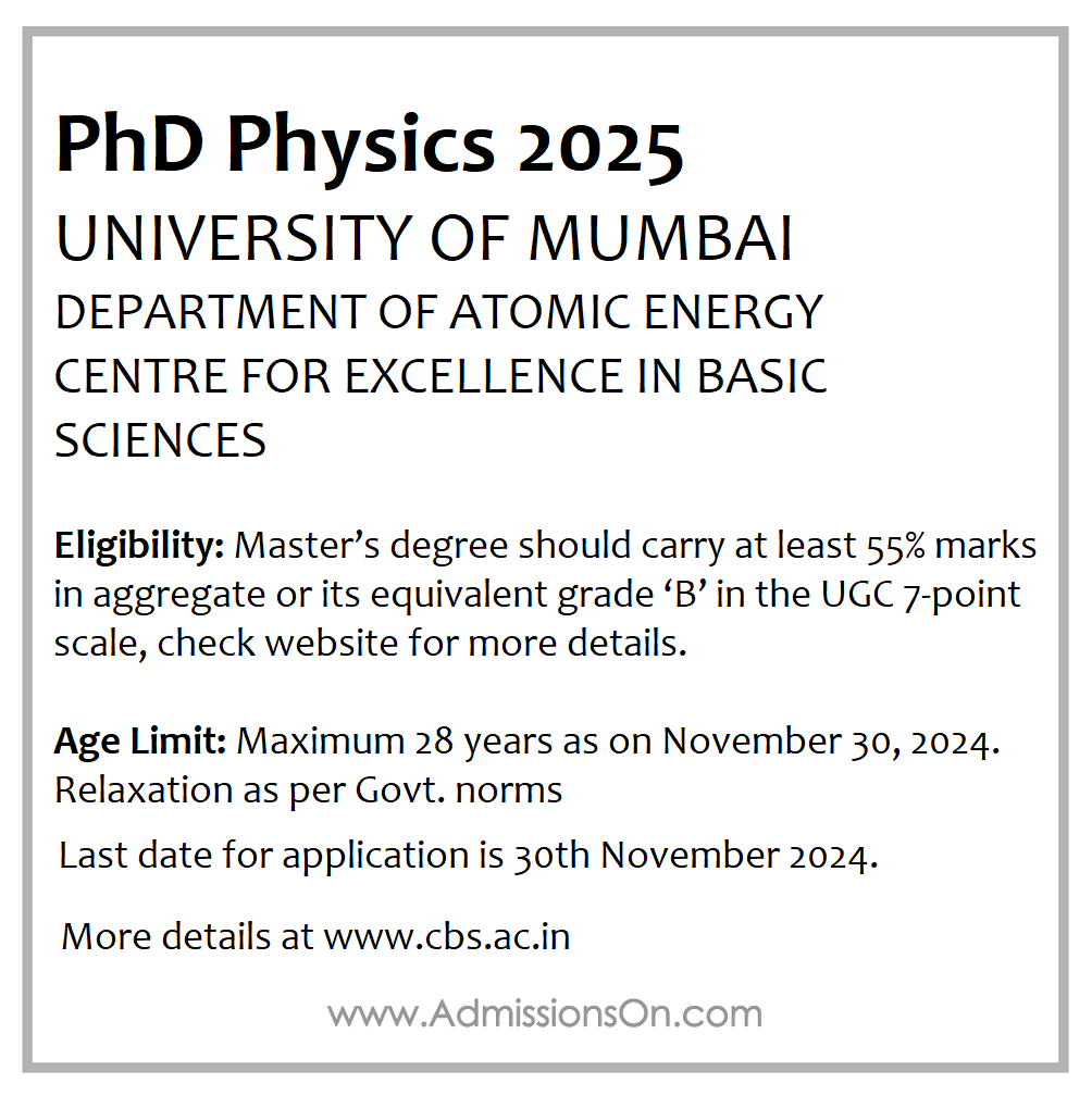 PhD in Physics 2025 notification for Mumbai university