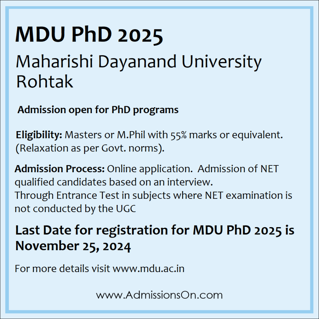 Admissions notification for MDU PhD 2025