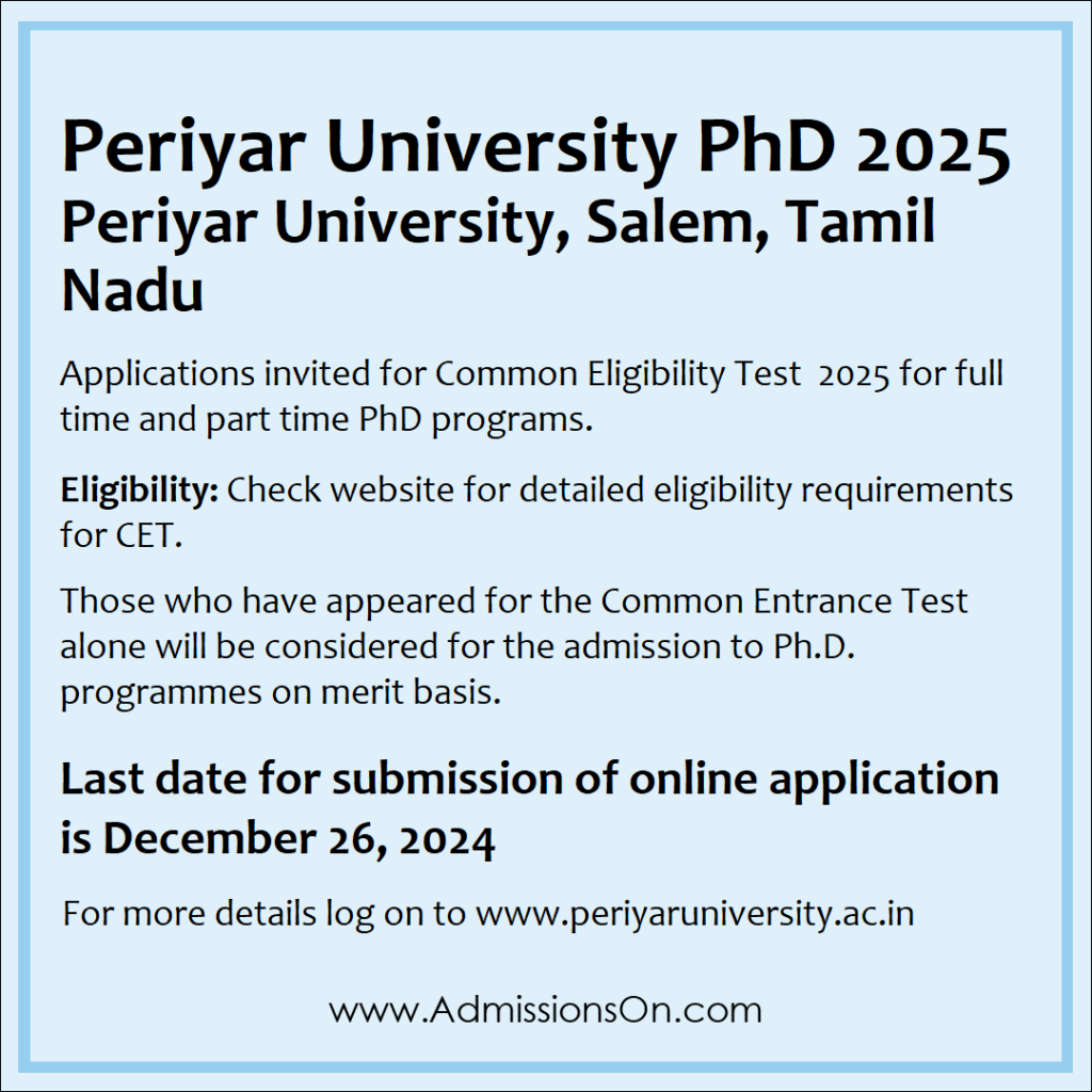 Periyar University PhD 2025 CET Notification