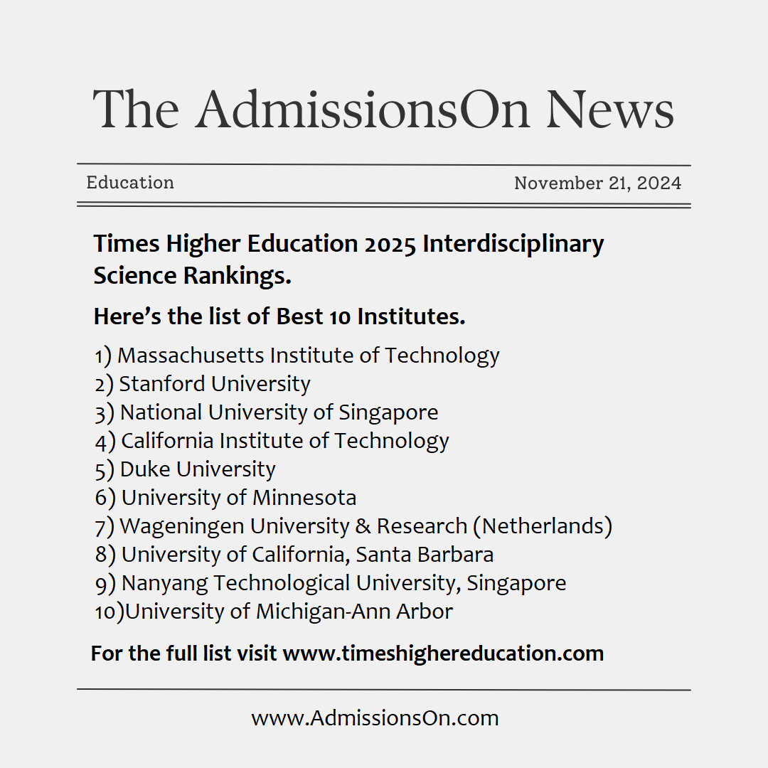 Times Higher Education 2025 Interdisciplinary Science Rankings List