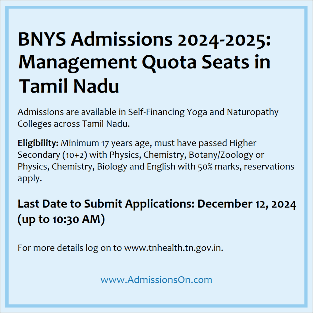 BNYS Admissions 2024 Management Quota Seats in Tamil Nadu Notice