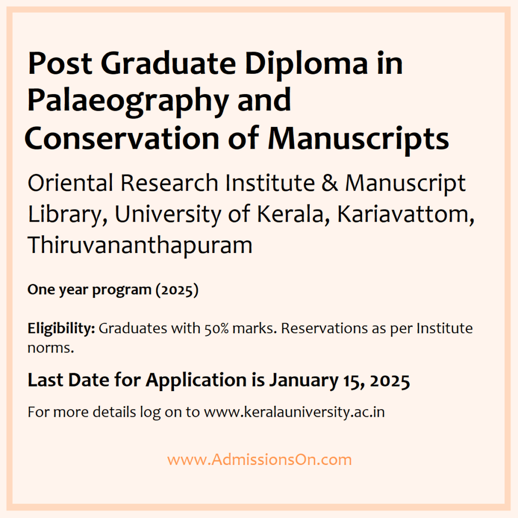 Kerala University Diploma in Palaeography 2025 Admission Notice