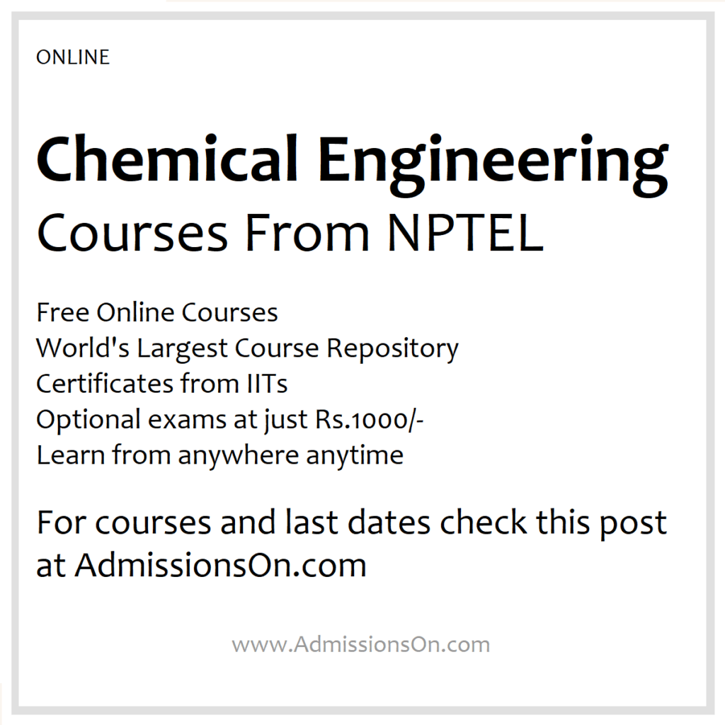 NPTEL Chemical Engineering Courses 2025 lIST