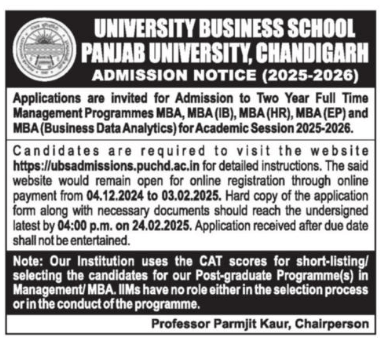 Panjab University MBA 2025  Official Advertisement.