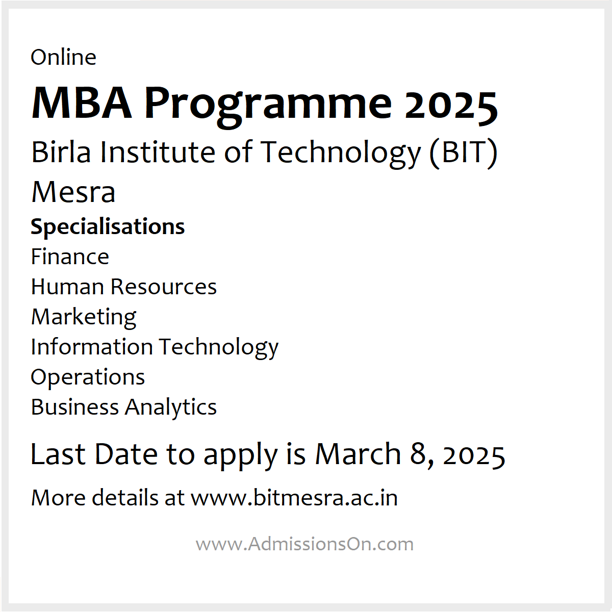 BIT Mesra Online MBA Admission Alert