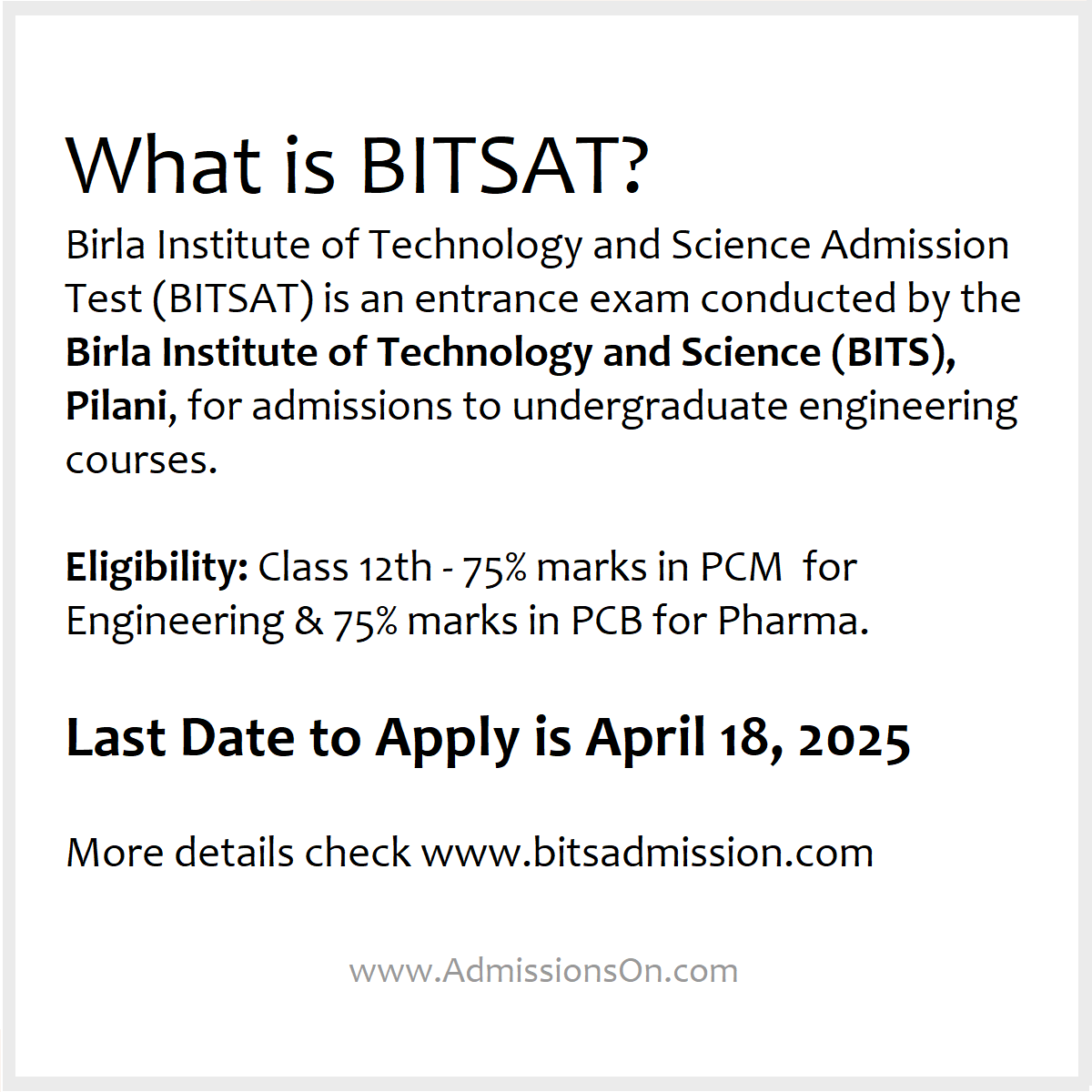 BITSAT 2025 Last Date to Apply and other details