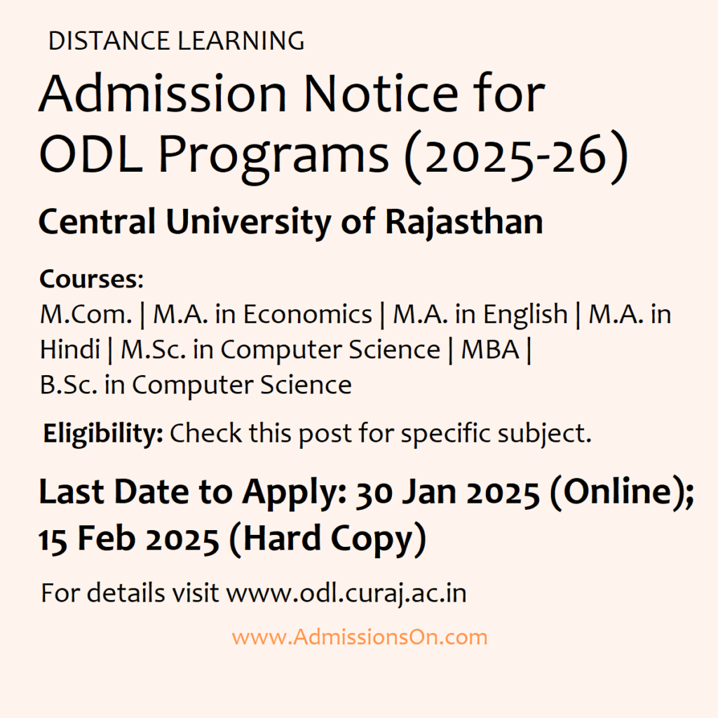 CU Rajasthan Distance Learning 2025 Last Date Eligibility nOTICE