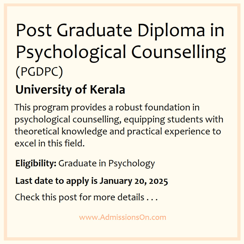 Diploma in Psychological Counselling 2025 University of Kerala Admission Notice