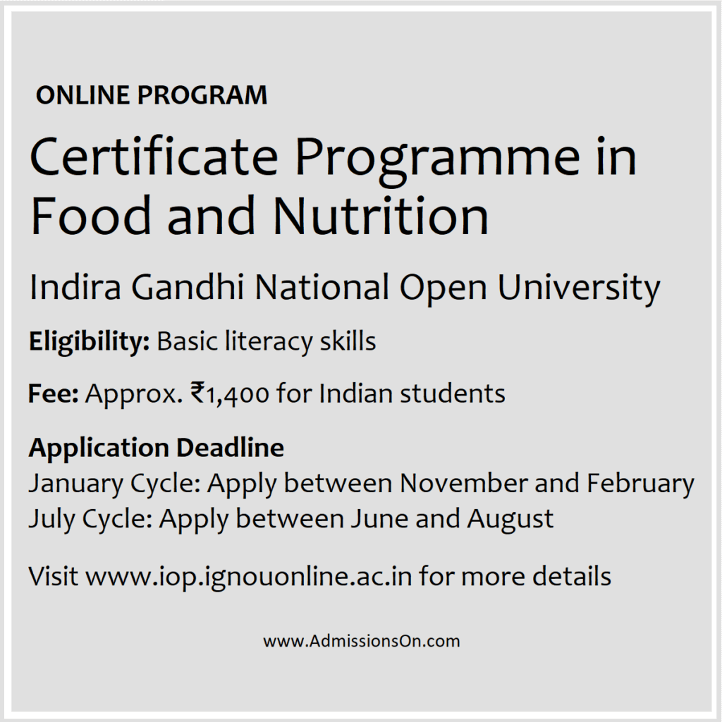 IGNOU Online Certificate Programme in Food and Nutrition Information