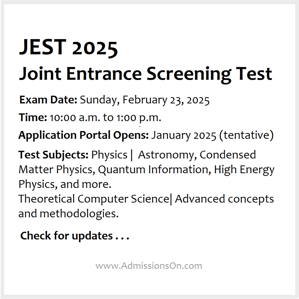 JEST 2025 participating institutes list and more details