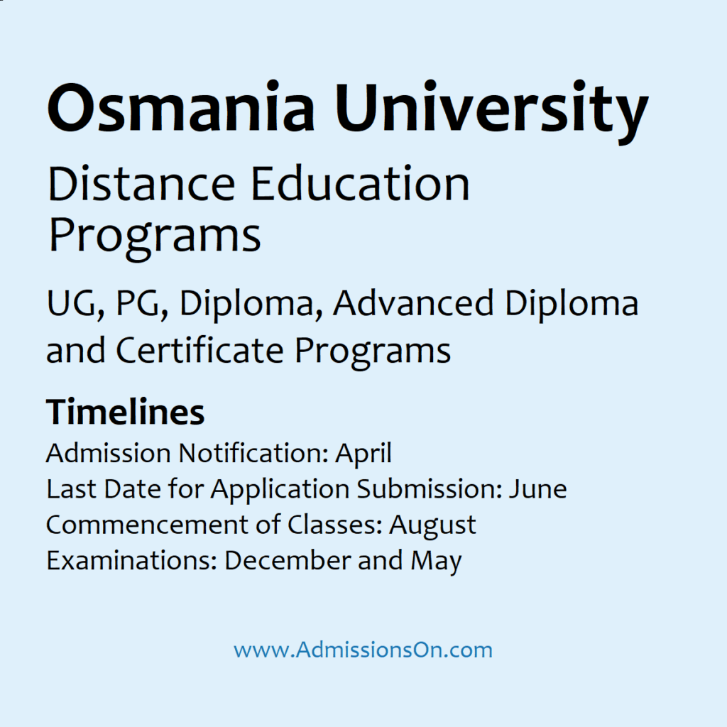 Osmania Distance Education 2025, PG,UG,Diploma programs details