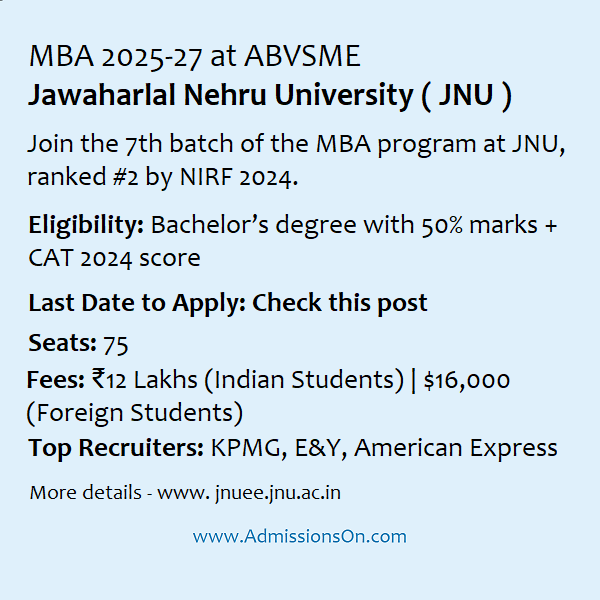 JNU MBA Last Date to Apply, Course, Fees